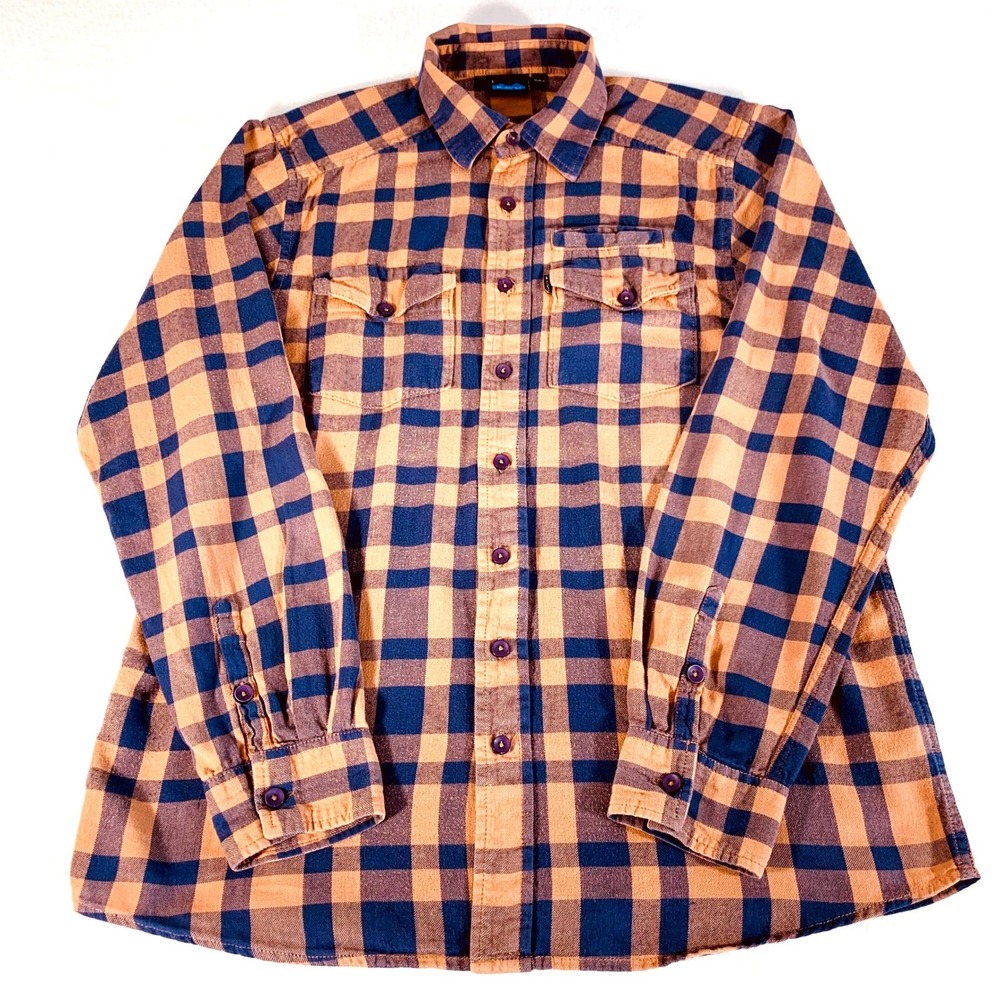 Kavu Mens Large Multicolor Flannel Plaid Cotton Long Sleeve Button Up